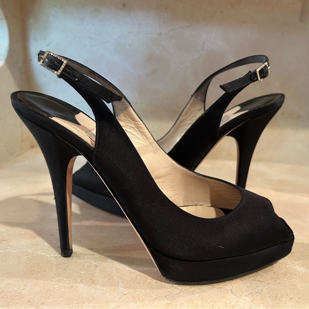 Jimmy Choo Black Satin Peep Toe Platform Slingback Heel